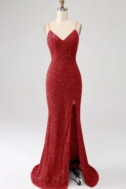 Fúcsia Sereia Esparguete Alças V-Neck Vestido de Baile de Lantejoulas Com Split