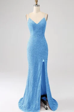 Fúcsia Sereia Esparguete Alças V-Neck Vestido de Baile de Lantejoulas Com Split