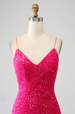 Fúcsia Sereia Esparguete Alças V-Neck Vestido de Baile de Lantejoulas Com Split