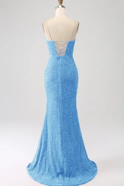 Fúcsia Sereia Esparguete Alças V-Neck Vestido de Baile de Lantejoulas Com Split