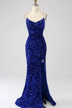 Fúcsia Sereia Esparguete Alças V-Neck Vestido de Baile de Lantejoulas Com Split