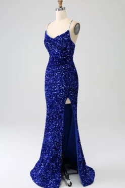 Fúcsia Sereia Esparguete Alças V-Neck Vestido de Baile de Lantejoulas Com Split