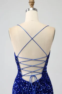 Fúcsia Sereia Esparguete Alças V-Neck Vestido de Baile de Lantejoulas Com Split