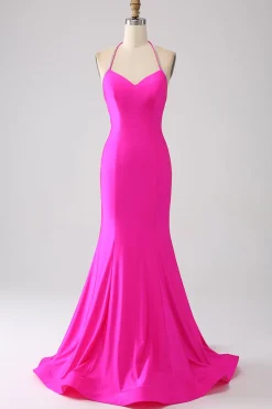 Fúcsia Sereia Halter Neck Backless Long Prom Dress