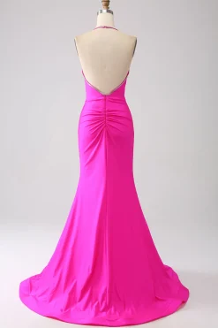 Fúcsia Sereia Halter Neck Backless Long Prom Dress