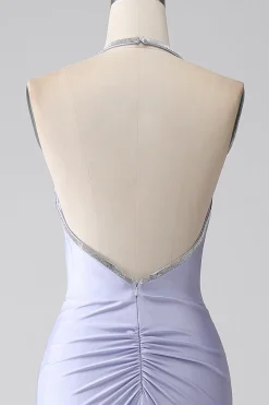Fúcsia Sereia Halter Neck Backless Long Prom Dress
