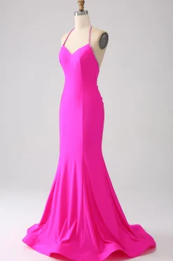 Fúcsia Sereia Halter Neck Backless Long Prom Dress