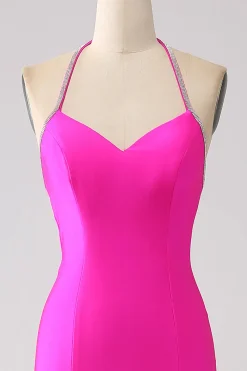 Fúcsia Sereia Halter Neck Backless Long Prom Dress