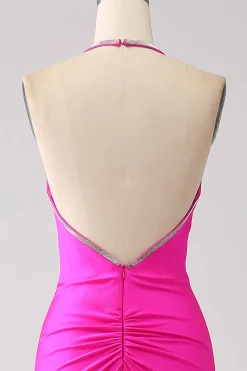 Fúcsia Sereia Halter Neck Backless Long Prom Dress