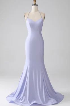Fúcsia Sereia Halter Neck Backless Long Prom Dress