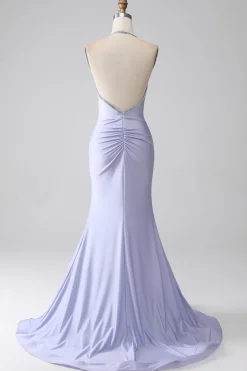 Fúcsia Sereia Halter Neck Backless Long Prom Dress