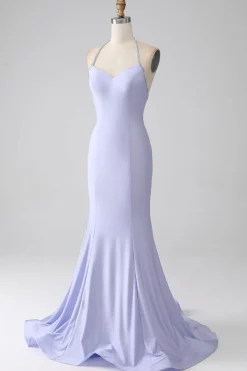 Fúcsia Sereia Halter Neck Backless Long Prom Dress