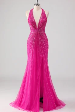 Fúcsia Sereia Halter Open Back Beaded Long Prom Dress com Fenda
