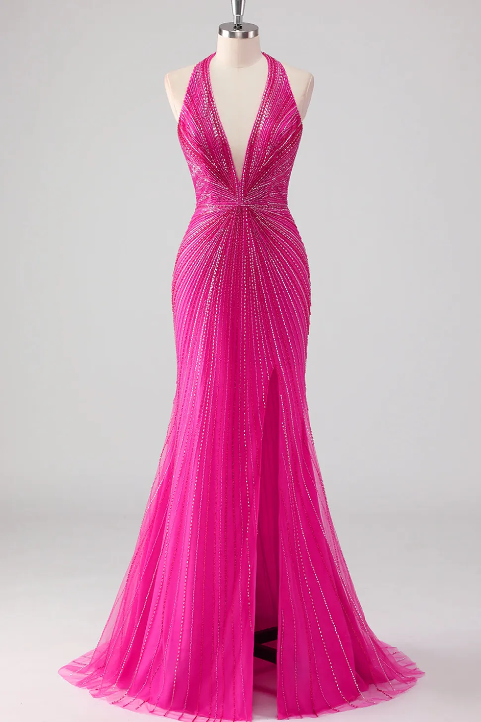 Fúcsia Sereia Halter Open Back Beaded Long Prom Dress com Fenda