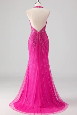 Fúcsia Sereia Halter Open Back Beaded Long Prom Dress com Fenda