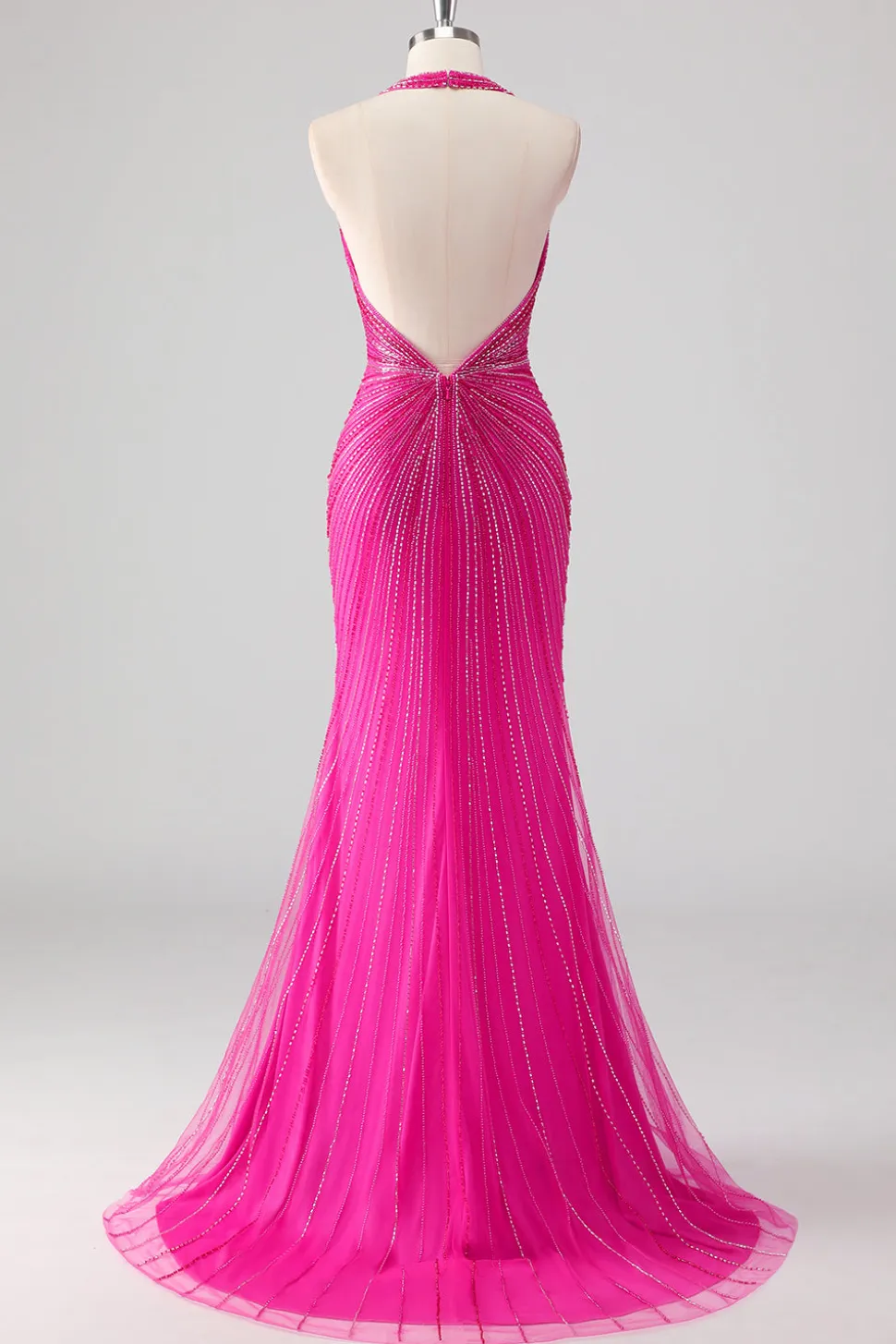 Fúcsia Sereia Halter Open Back Beaded Long Prom Dress com Fenda