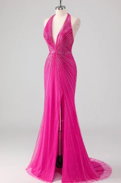 Fúcsia Sereia Halter Open Back Beaded Long Prom Dress com Fenda
