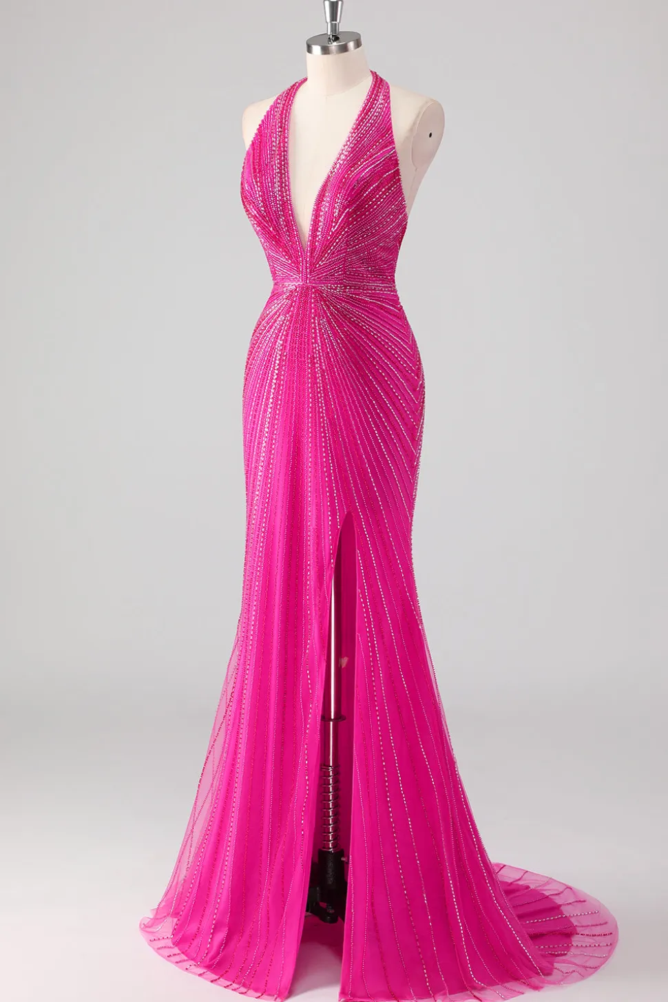 Fúcsia Sereia Halter Open Back Beaded Long Prom Dress com Fenda