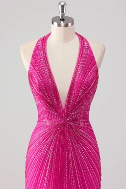 Fúcsia Sereia Halter Open Back Beaded Long Prom Dress com Fenda