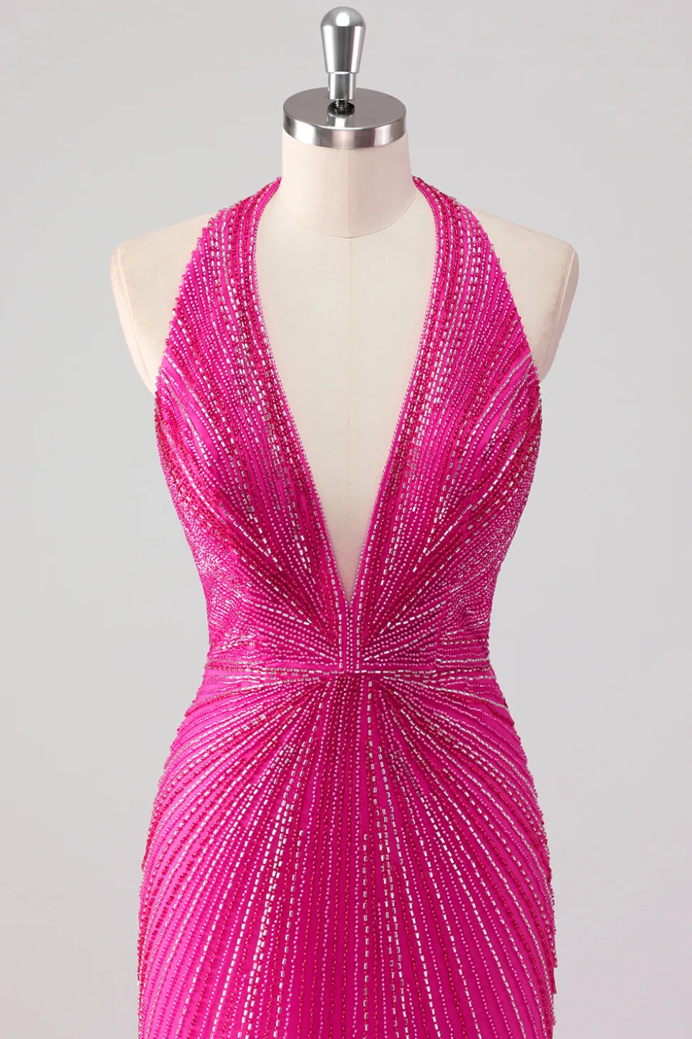 Fúcsia Sereia Halter Open Back Beaded Long Prom Dress com Fenda