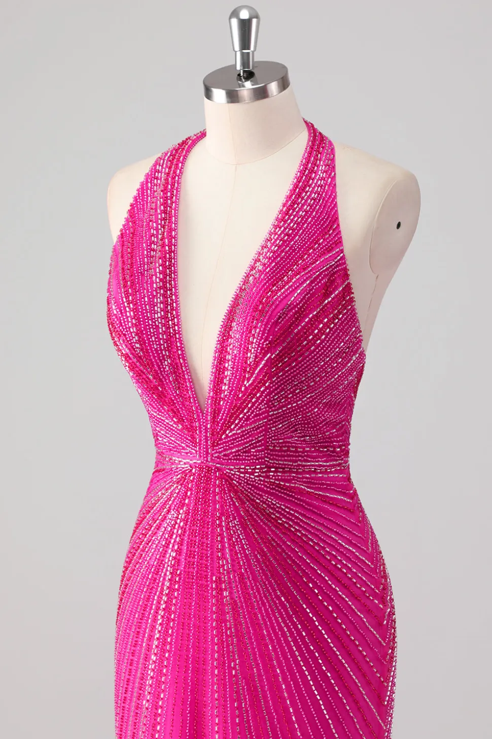 Fúcsia Sereia Halter Open Back Beaded Long Prom Dress com Fenda