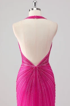 Fúcsia Sereia Halter Open Back Beaded Long Prom Dress com Fenda