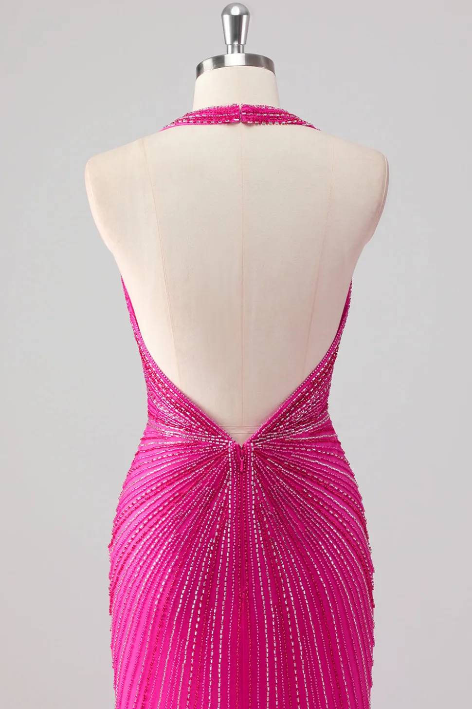 Fúcsia Sereia Halter Open Back Beaded Long Prom Dress com Fenda