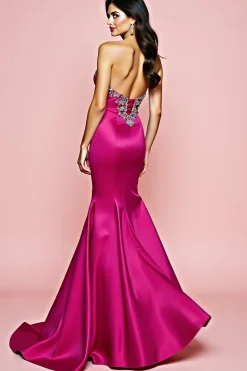 Fúcsia Sereia sem alças vestido longo baile de formatura com missangas