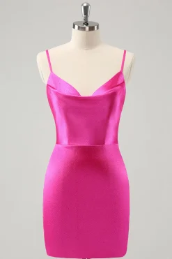 Fúcsia simples Cowl Neck Backless Tight Short Homecoming Dress