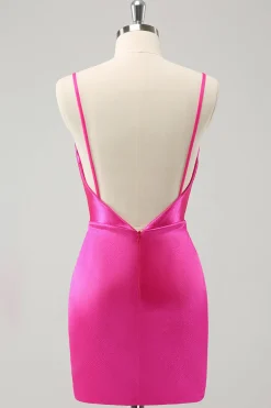 Fúcsia simples Cowl Neck Backless Tight Short Homecoming Dress