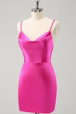 Fúcsia simples Cowl Neck Backless Tight Short Homecoming Dress