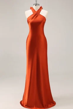 Ferrugem cetim Halter Sereia longo vestido de dama de honra com arco