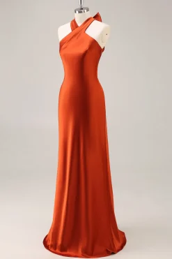 Ferrugem cetim Halter Sereia longo vestido de dama de honra com arco