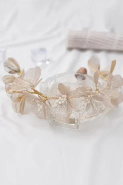 Fita de cabeça de flores de pérola de champanhe