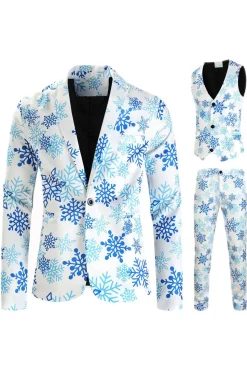 Floco de neve azul claro impresso 3 peças ternos homens de Natal