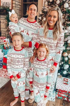 Floco De Neve E Veado Print Família Cinza Combinando Conjunto de Pijamas de Natal