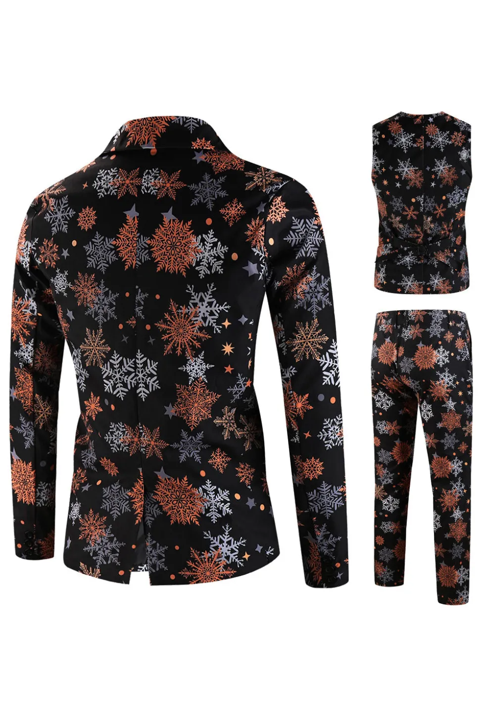 Floco de neve preto impresso 3 peças terno de Natal masculino