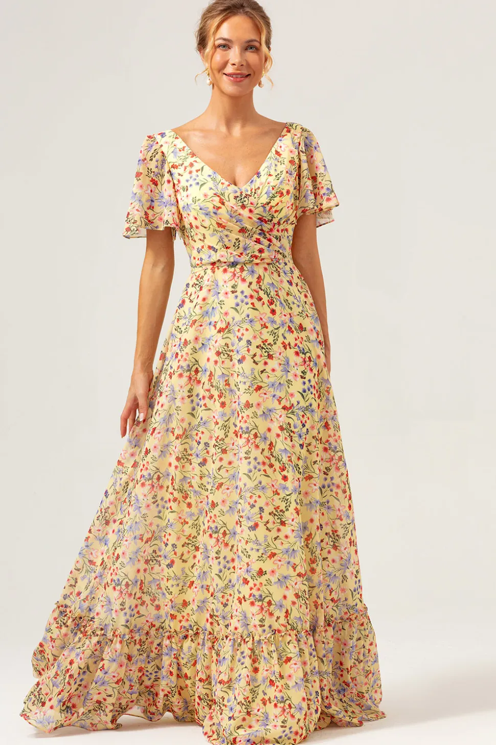 Flor amarela estampada A-Line V-neck mangas curtas longo vestido de baile
