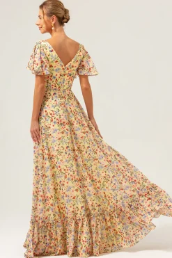 Flor amarela estampada A-Line V-neck mangas curtas longo vestido de baile