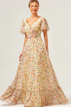 Flor amarela estampada A-Line V-neck mangas curtas longo vestido de baile
