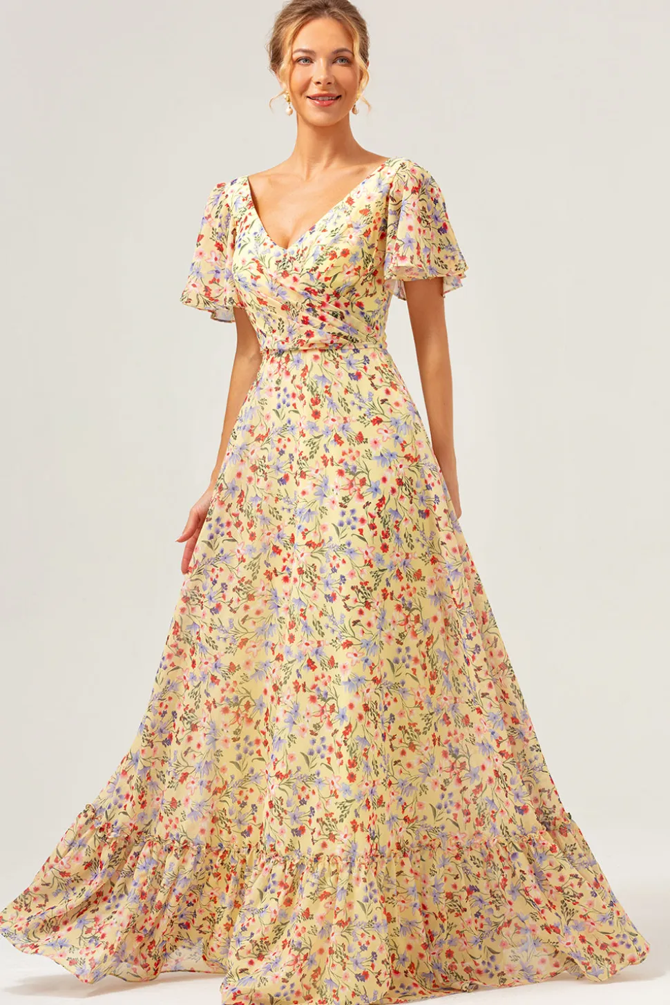 Flor amarela estampada A-Line V-neck mangas curtas longo vestido de baile