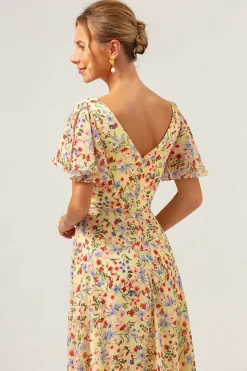 Flor amarela estampada A-Line V-neck mangas curtas longo vestido de baile
