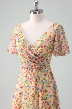 Flor amarela estampada Chiffon A-Line V-neck mangas curtas longo vestido de baile