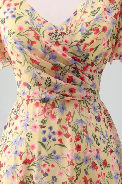 Flor amarela estampada Chiffon A-Line V-neck mangas curtas longo vestido de baile