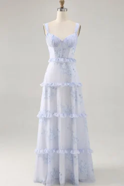 Flor azul babado estampado uma linha longa vestido de casamento convidado