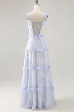 Flor azul babado estampado uma linha longa vestido de casamento convidado
