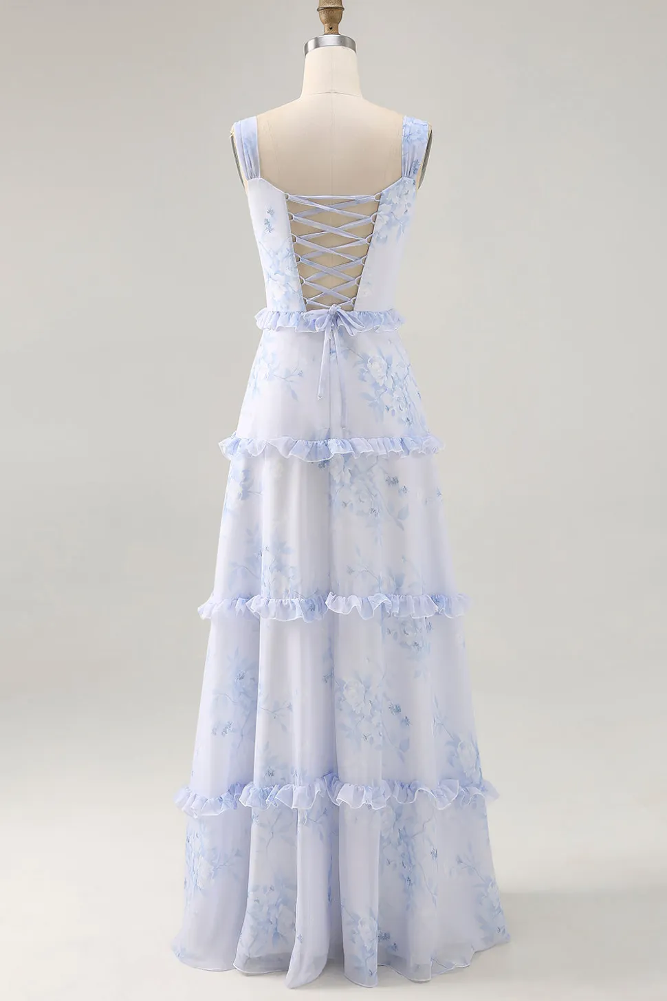 Flor azul babado estampado uma linha longa vestido de casamento convidado