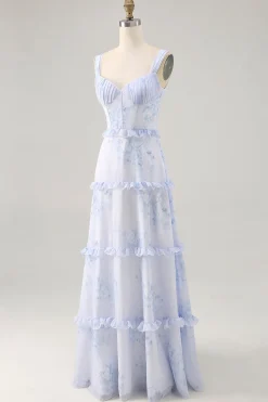 Flor azul babado estampado uma linha longa vestido de casamento convidado
