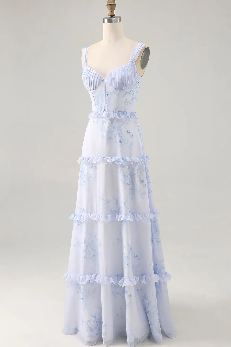 Flor azul babado estampado uma linha longa vestido de casamento convidado