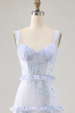 Flor azul babado estampado uma linha longa vestido de casamento convidado